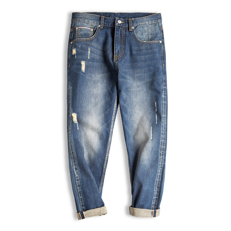 Tooling Retro Tattered Jeans Washed Cropped Pants for men