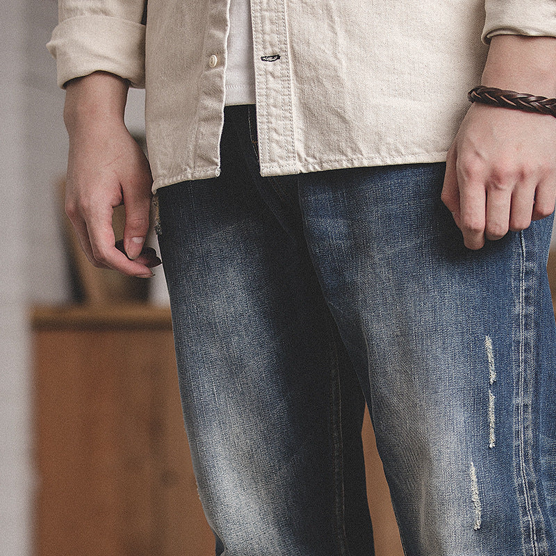 Tooling Retro Tattered Jeans Washed Cropped Pants for men