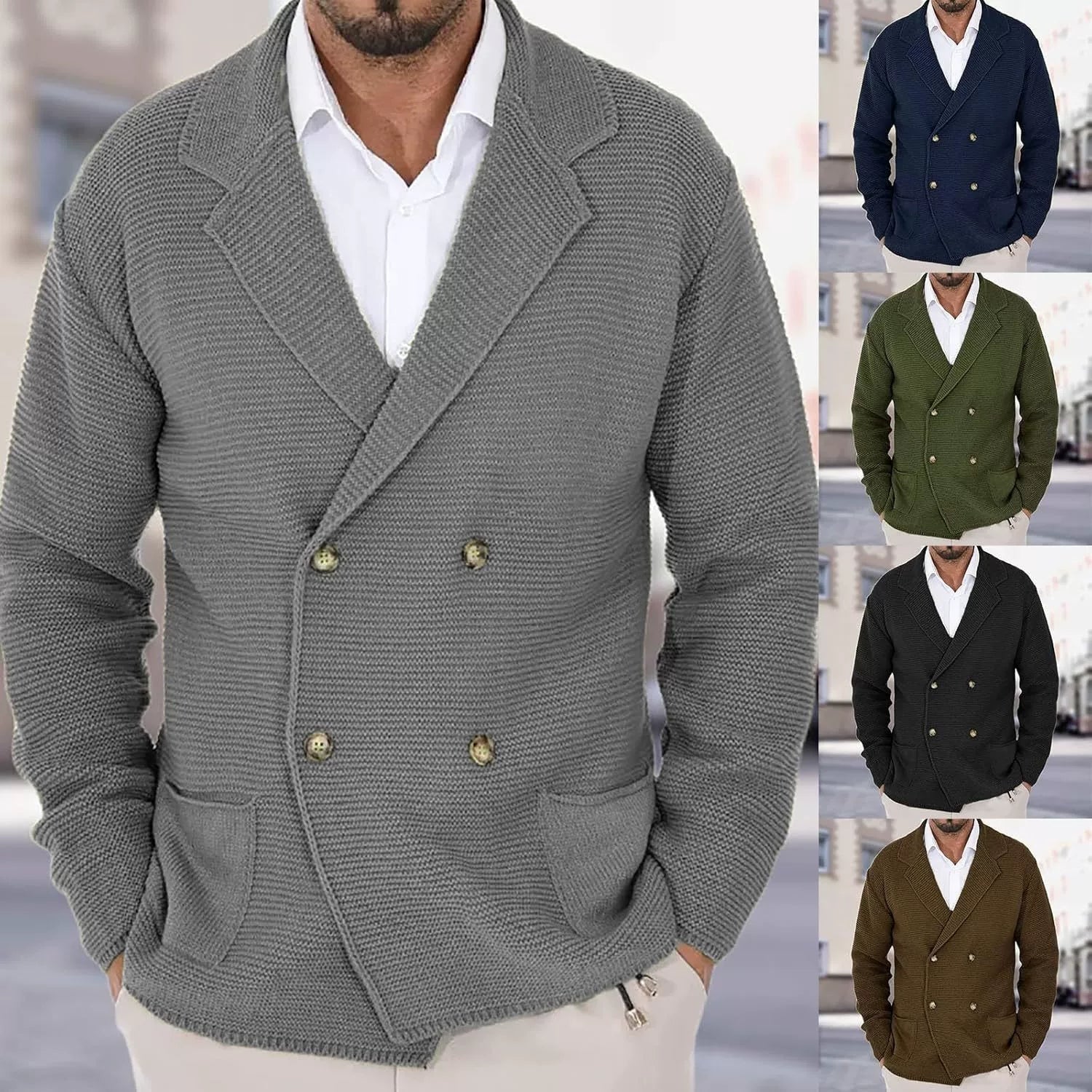 Cardigan Lapel Sweater Coat for Men Fall Winter Slim Double Breasted Sweaters Business Casual Style Lightweight Tops