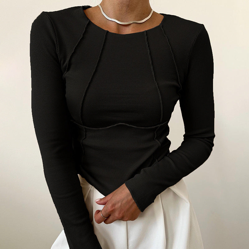 Women's Slim Long Sleeve T-shirt Fashion Solid Color Split Thread Knitted Top Womens Clothing