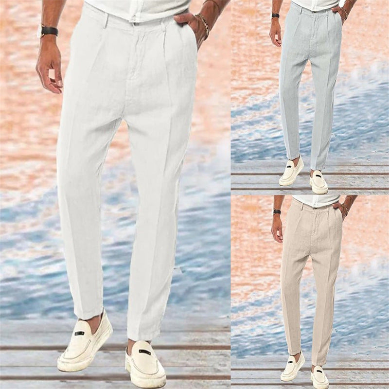 Linen Pants Straight Pure Color Comfort Outdoor Leisure for men