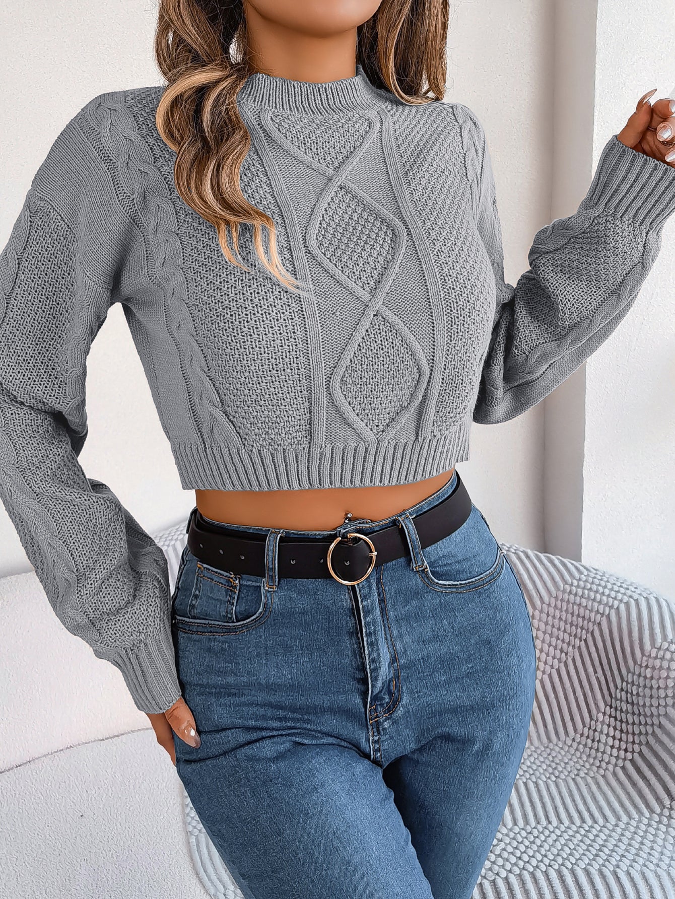 Women Casual Solid Color Cable Knit Long Sleeve Cropped Pullover