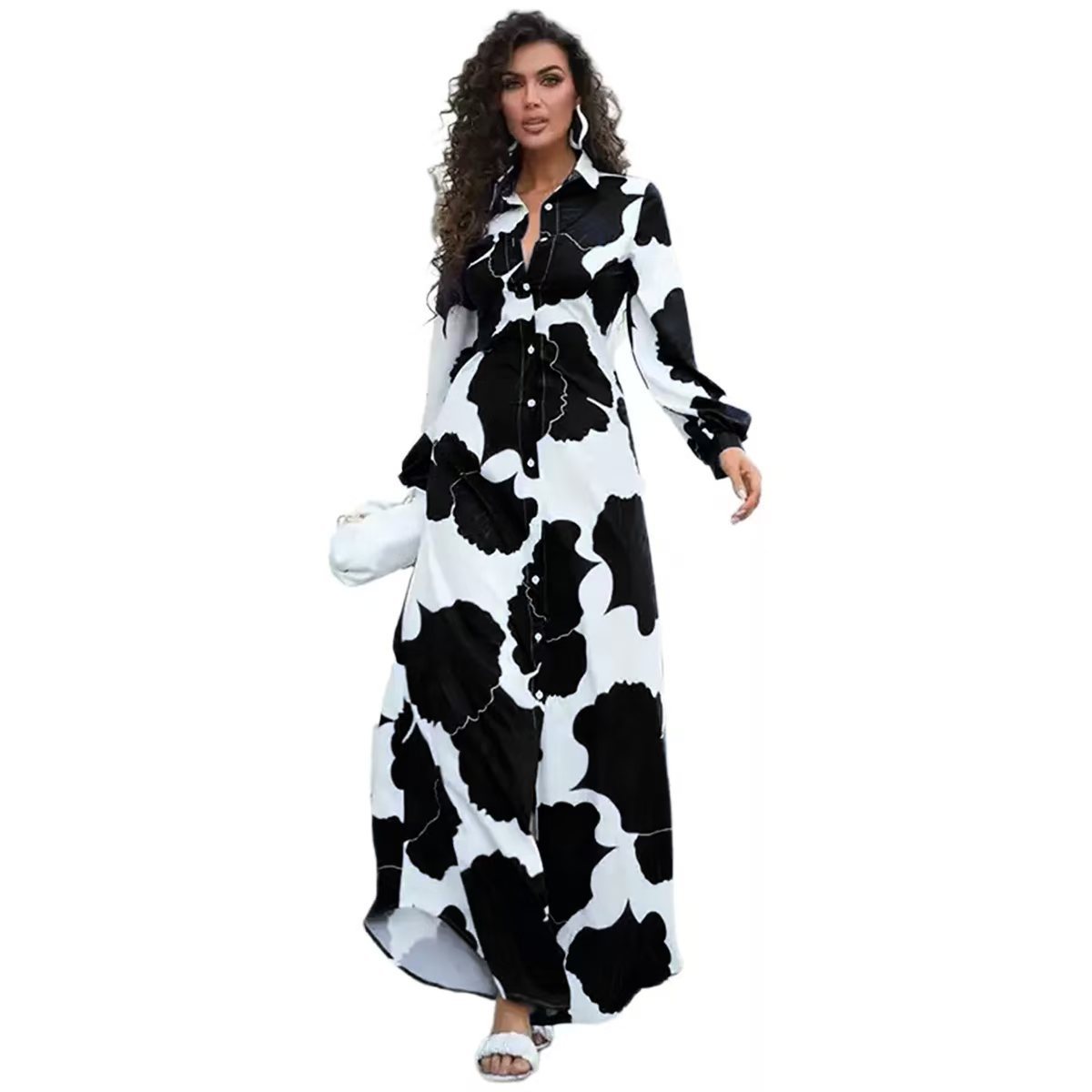 Printed Single Breasted Split Shirt Dress