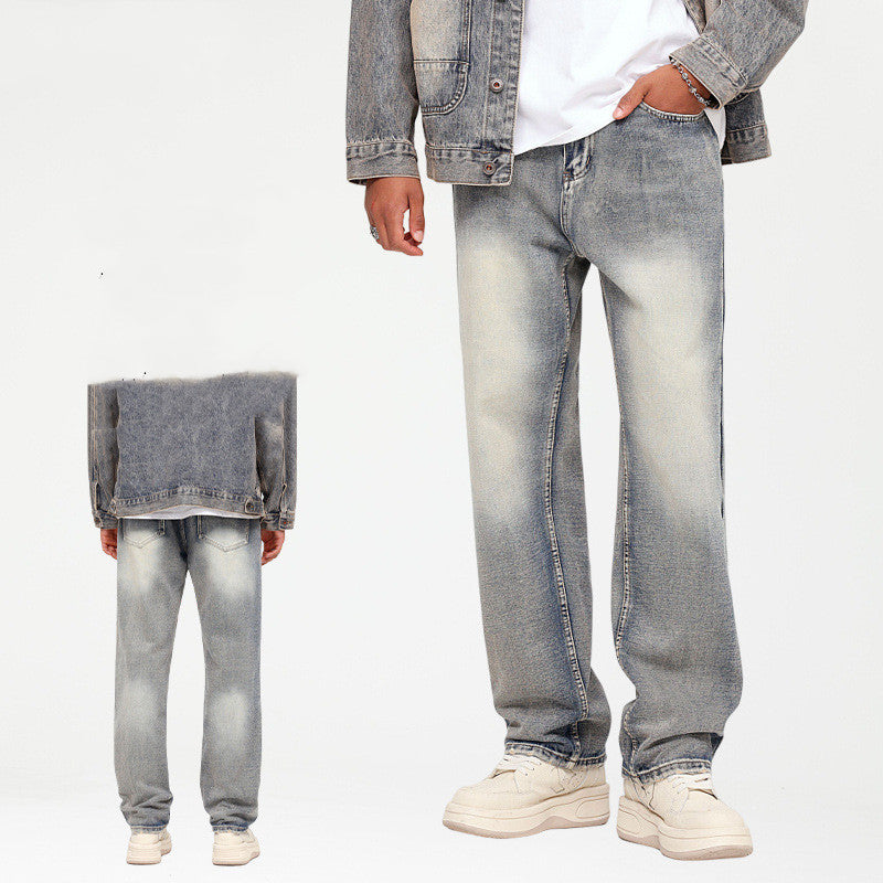 Simple Japanese-style Retro Pants Western Denim Wind Washed Distressed Loose Men's Straight-leg Pants