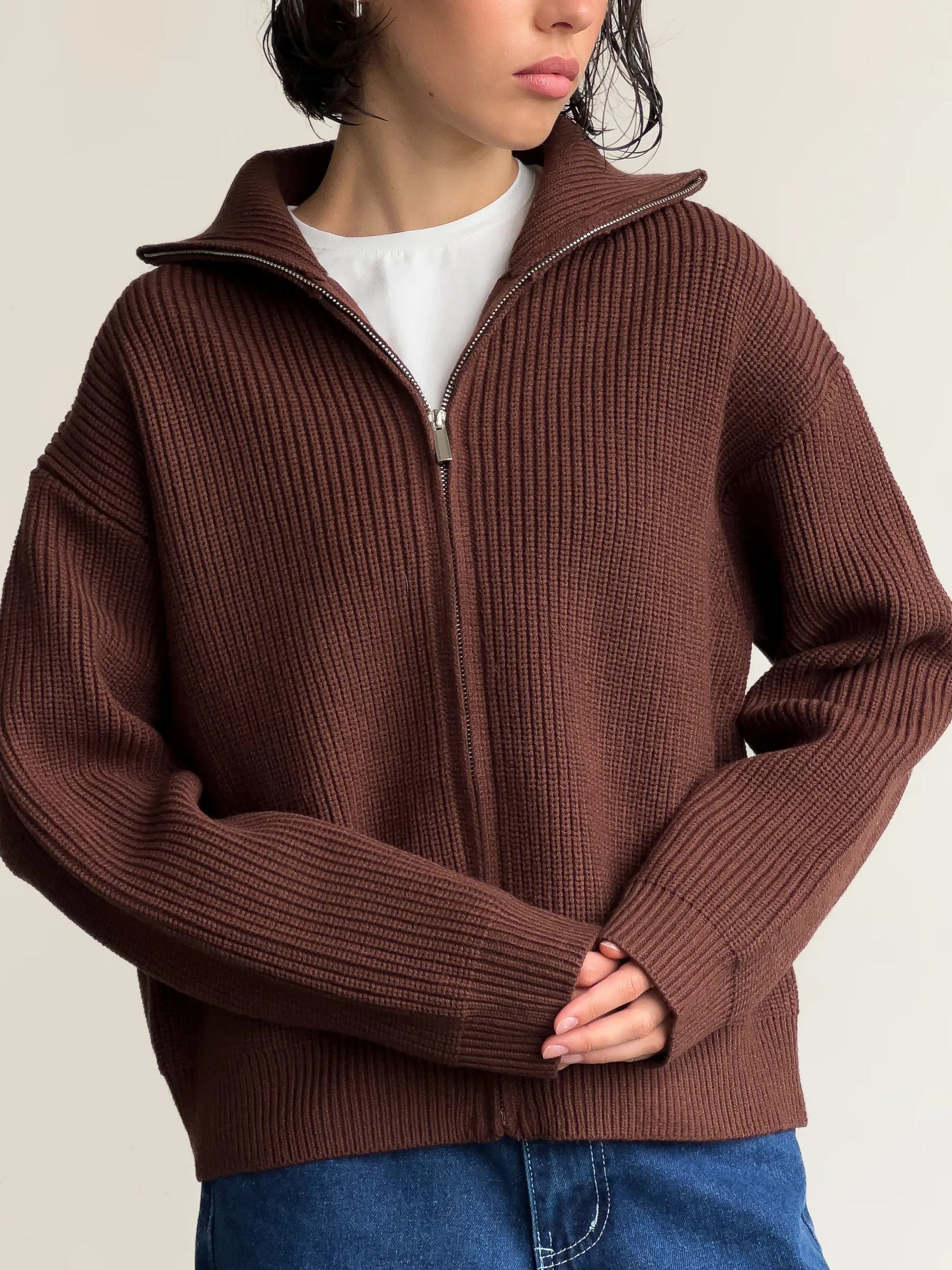 Women's Casual Knit Dual-zip Solid Color Sweater