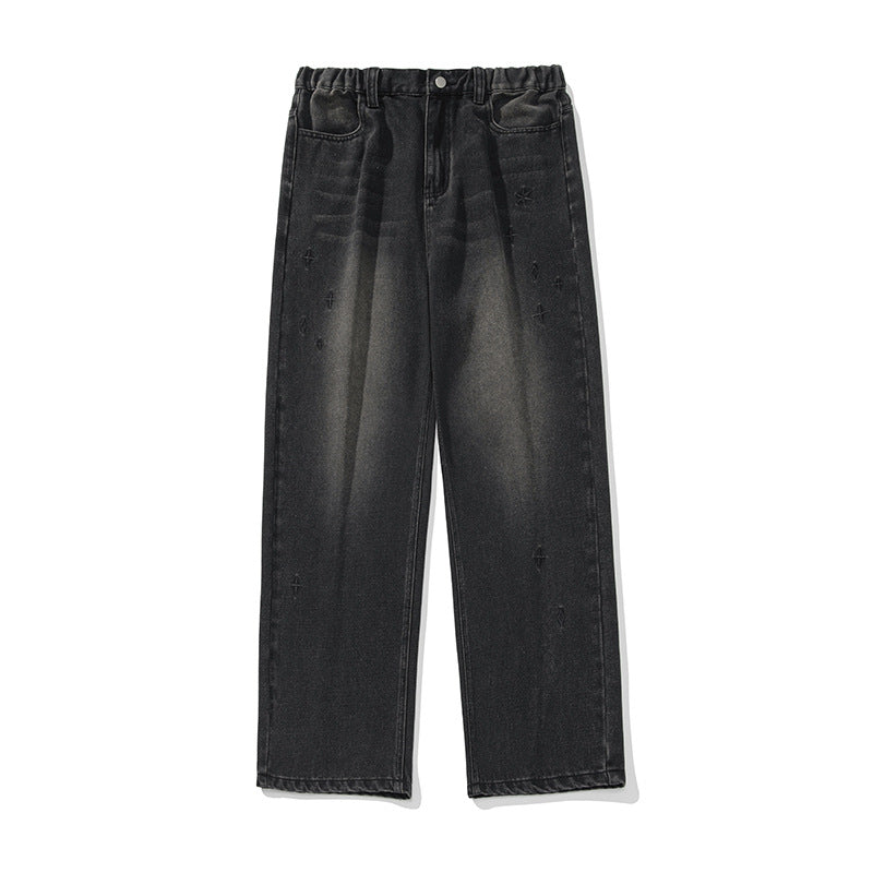 Retro Worn Looking Washed-out Embroidered Jeans Men's Spring New