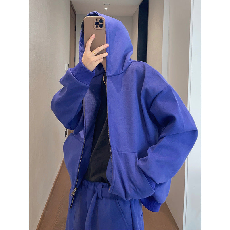 Retro Easy Matching Loose Blue Hooded Jacket Zipper Short Coat For Men