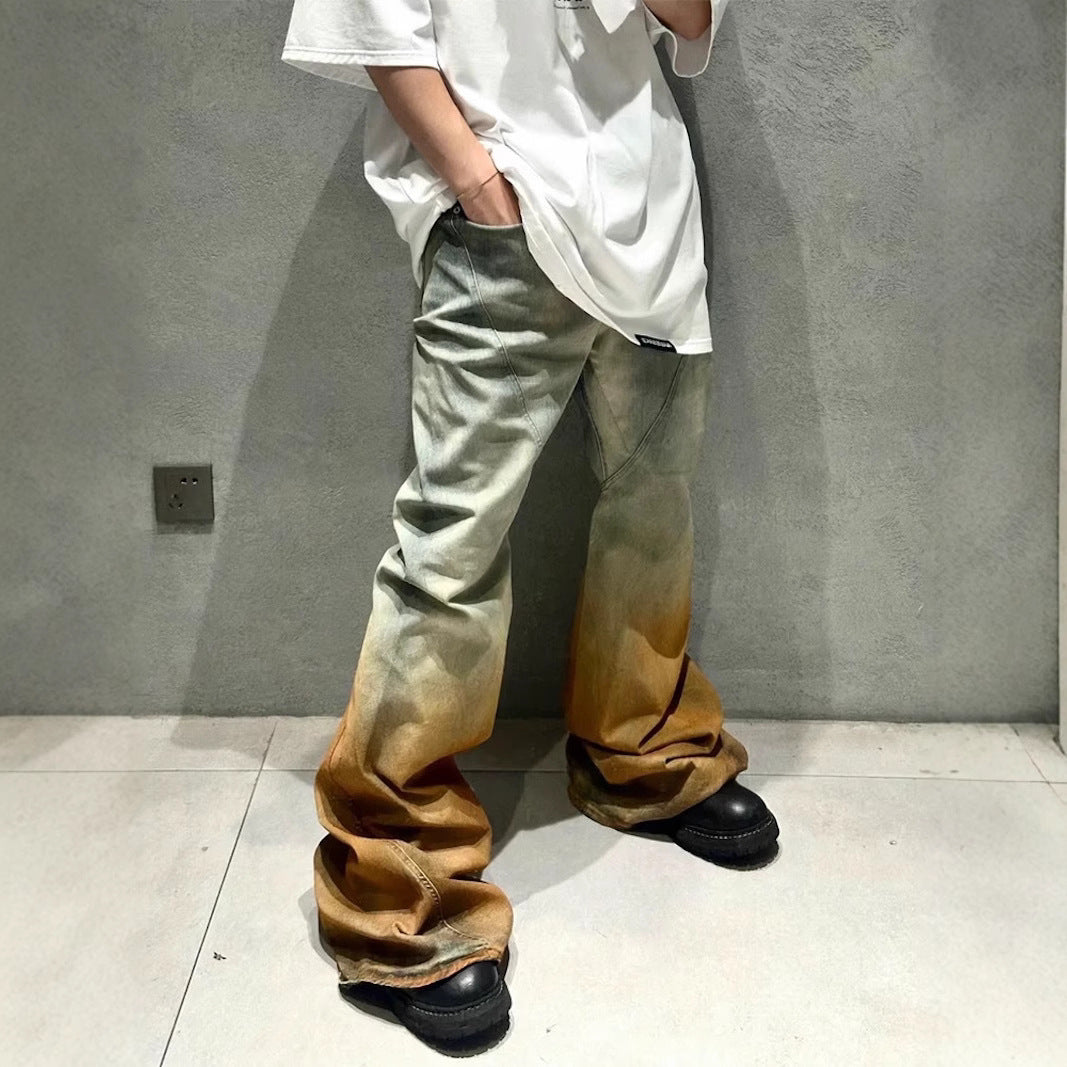 Men's Gradient Trousers Wide Leg Distressed Casual Jeans