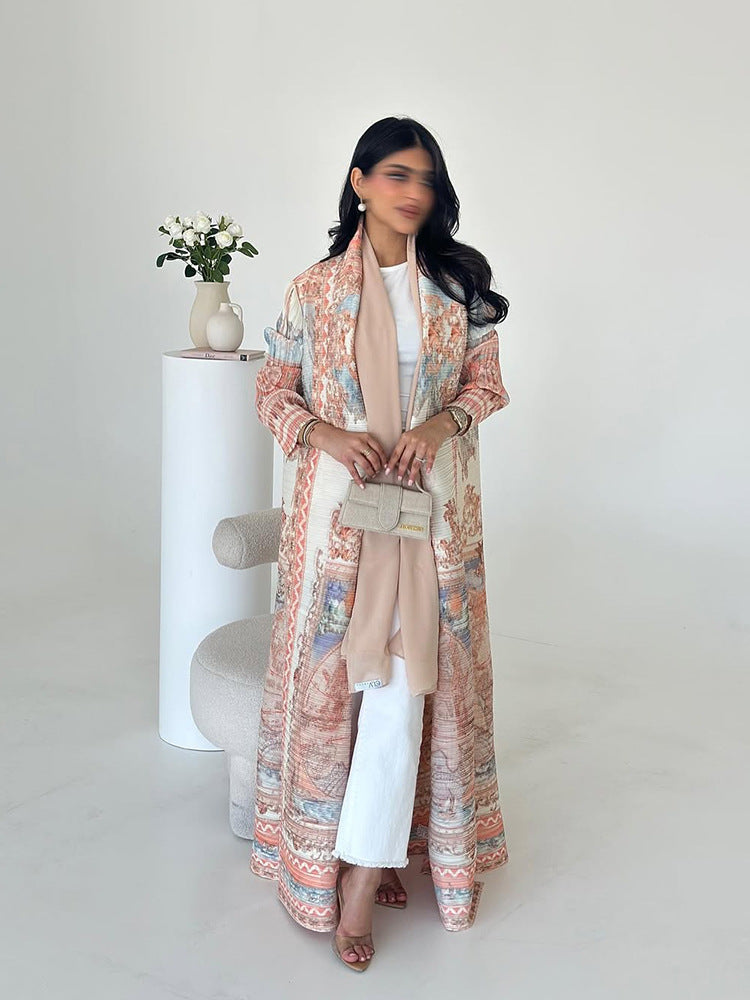 Pleated Print Cardigan Long Coat Arabic Robe Plus Size