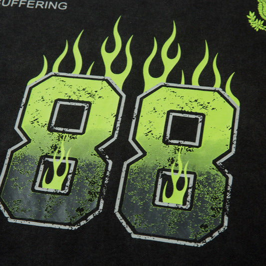 Flame Letter Print Fake Two-piece Long Sleeve Loose Retro Distressed Top