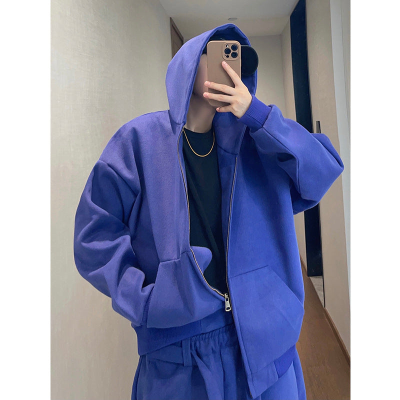 Retro Easy Matching Loose Blue Hooded Jacket Zipper Short Coat For Men