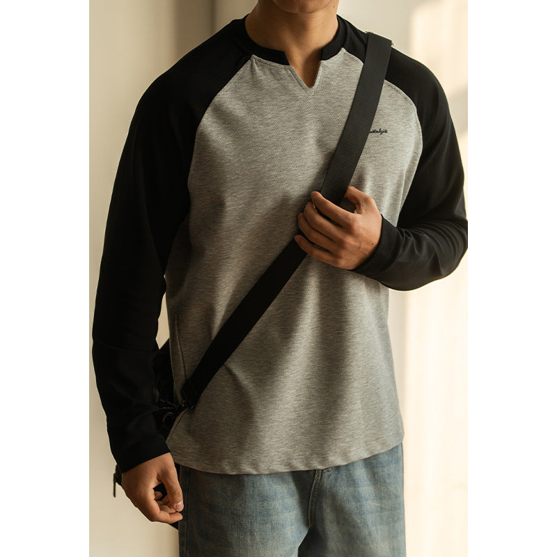 Small V-collar Contrast Color Drop-shoulder Sleeve Loose Sweater Male