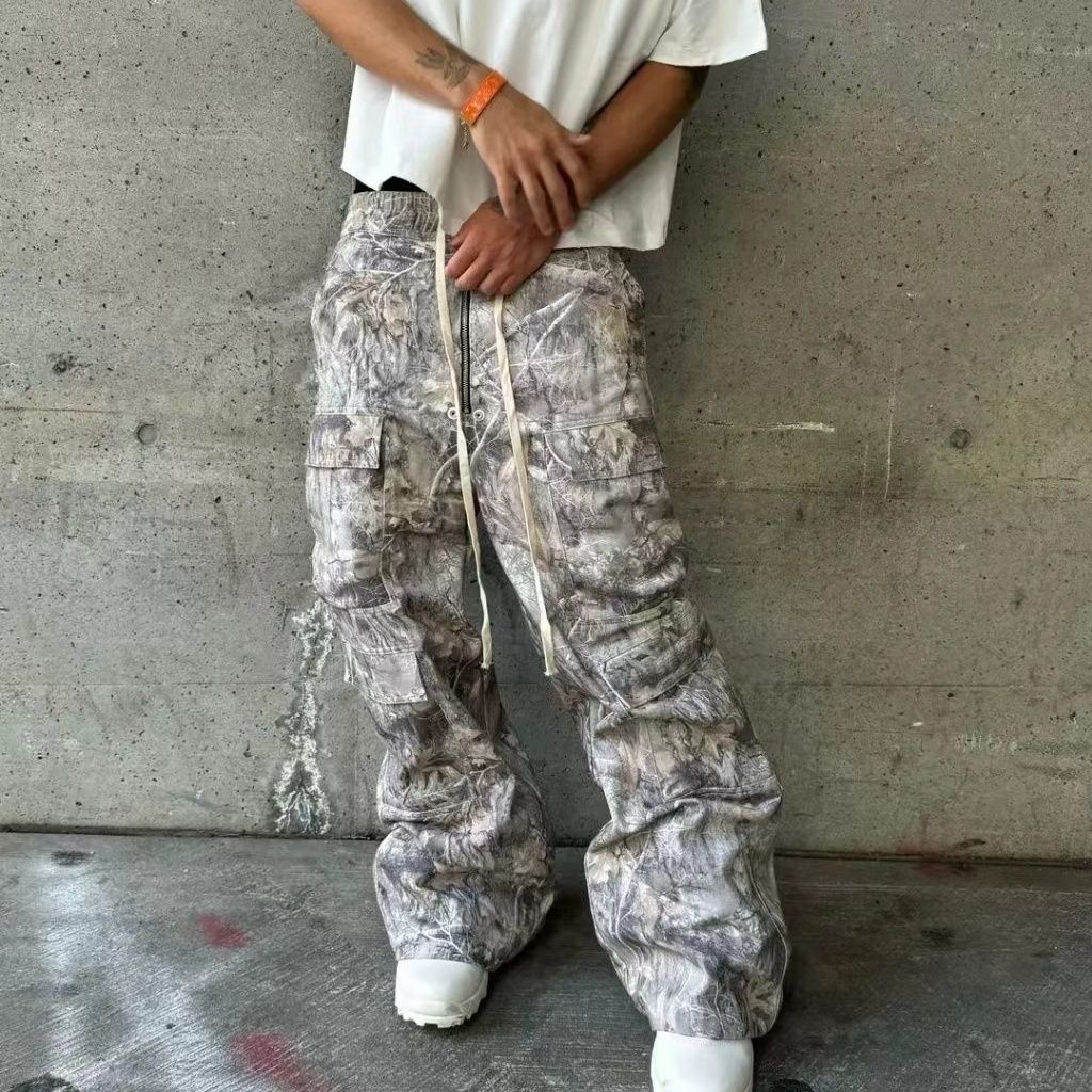 Retro Washed Multi-pocket Slacks Men's Fashion Drawstring Trousers