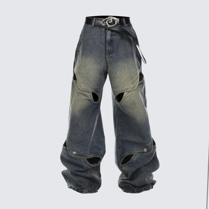 Spring And Summer Casual Wide Leg Hollow Baggy Pants for men