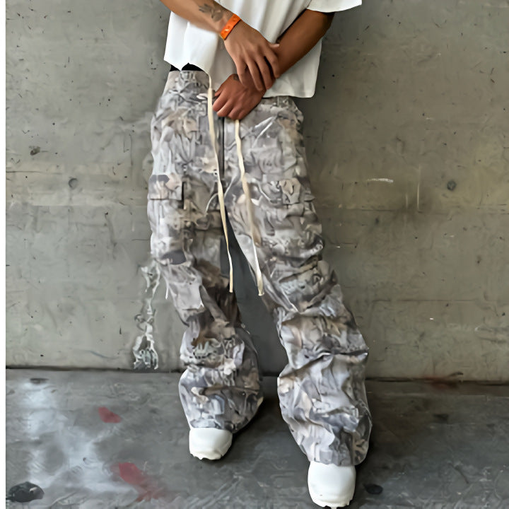 Retro Washed Multi-pocket Slacks Men's Fashion Drawstring Trousers