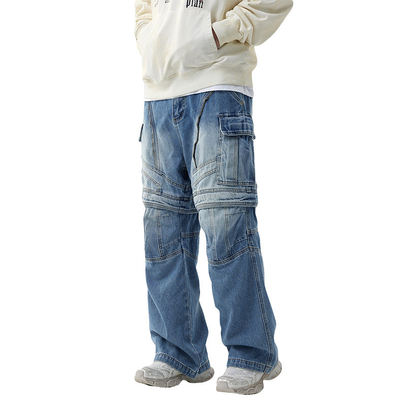 Personalized Detachable Tooling Wide Leg Zipper Denim Pants for men