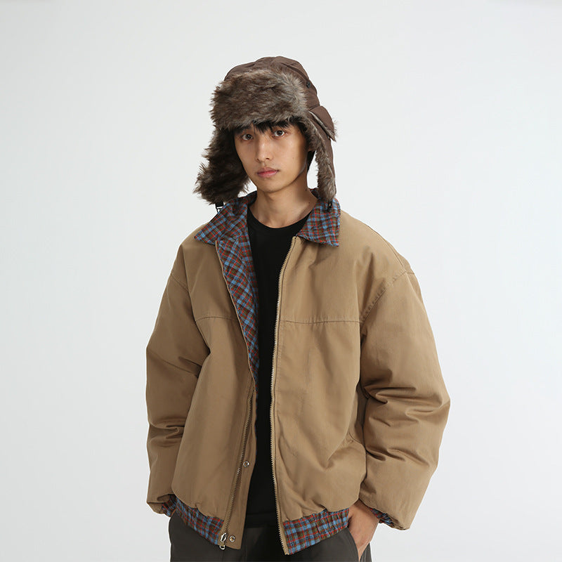 Plaid Reversible Cotton Coat Retro Casual Polo Collar Cotton-padded Jacket