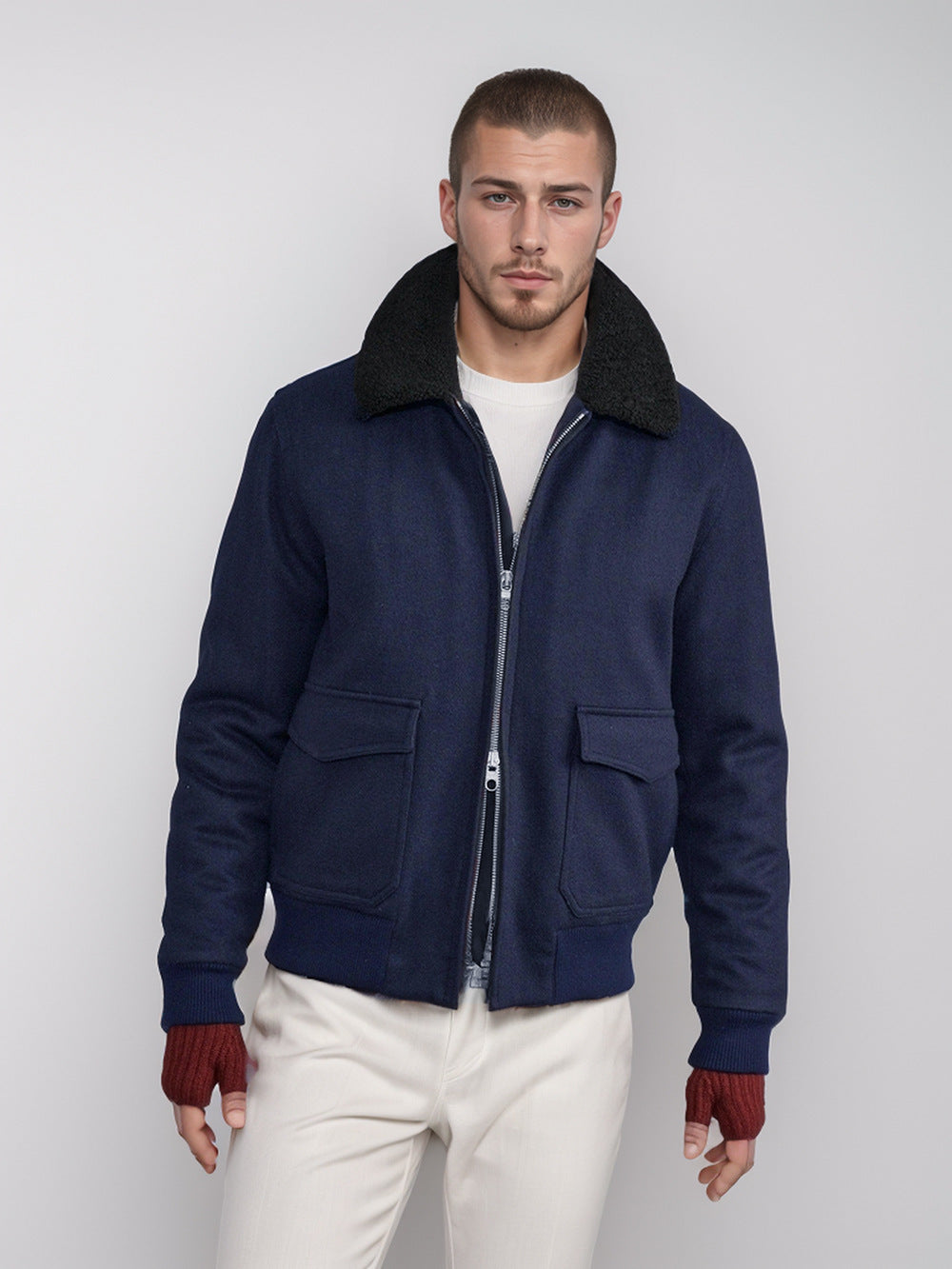 Simple Casual Fur Collar Warm Woolen Men's Fashion Zipper Jacket in polyester