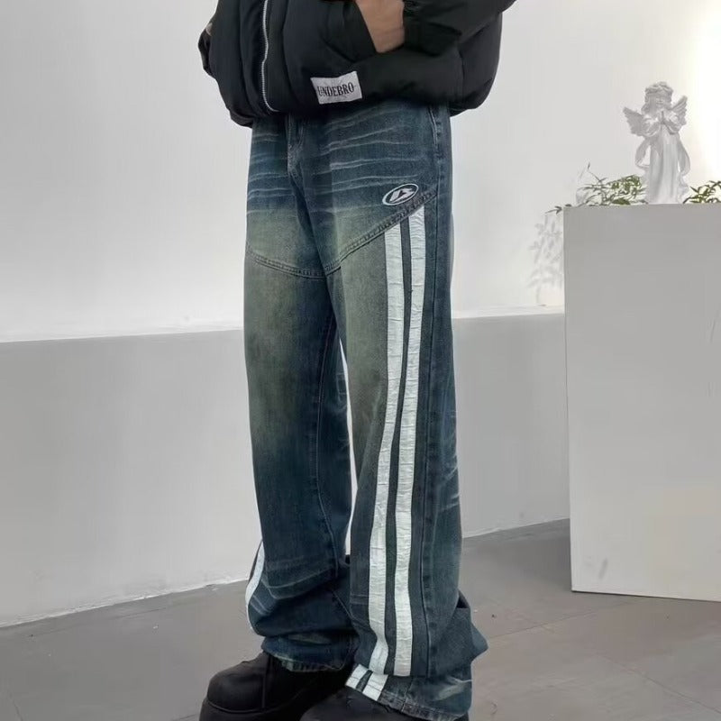 New Jeans Retro Distressed Three Bars Straight Men