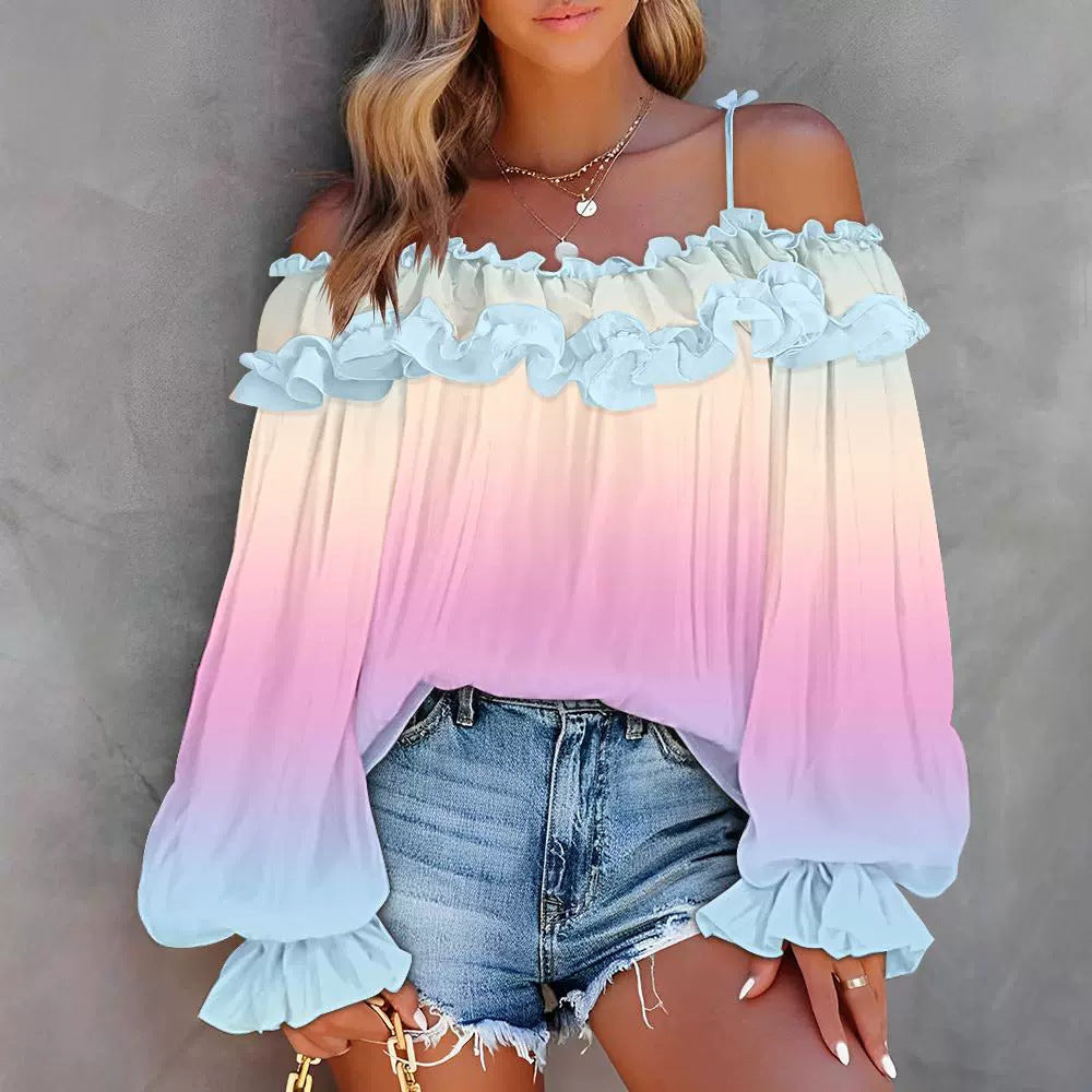 Gradient Printing Ruffled Off-shoulder Long Sleeve Top