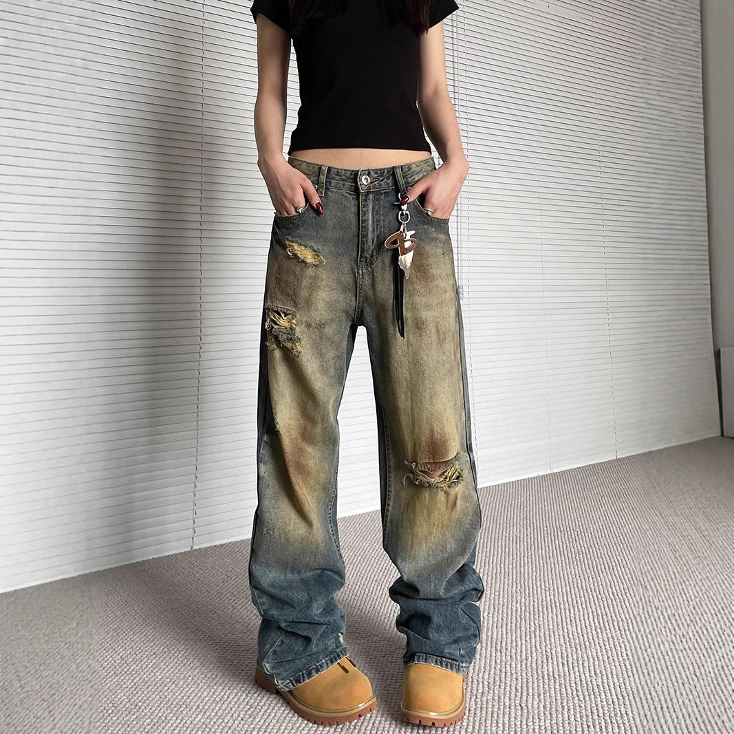Niche Make Old Ripped Denim Fashion Brand Loose Straight Wide Leg Smart Trousers for men