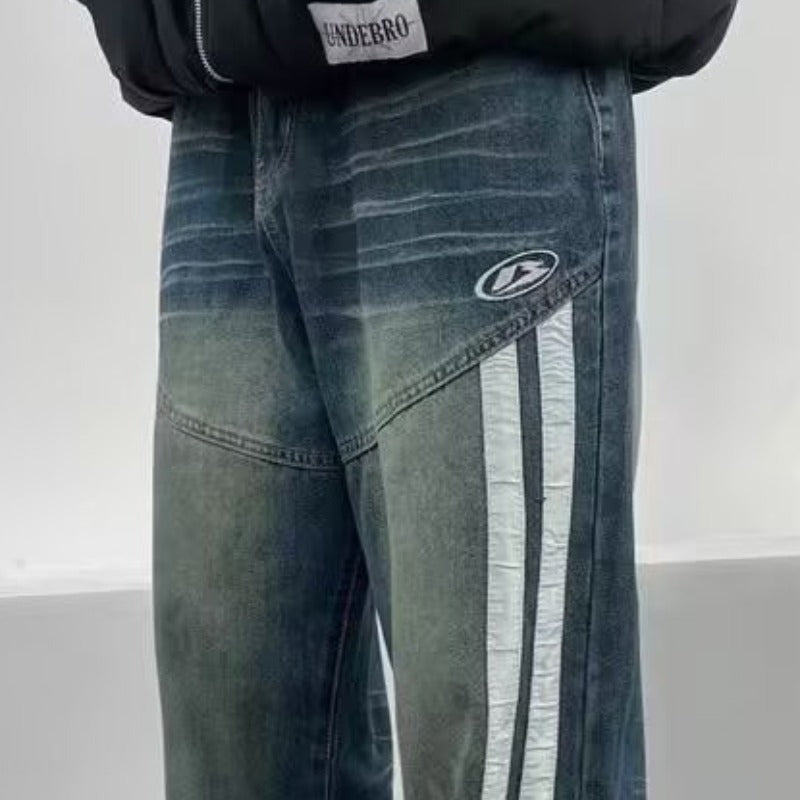 New Jeans Retro Distressed Three Bars Straight Men