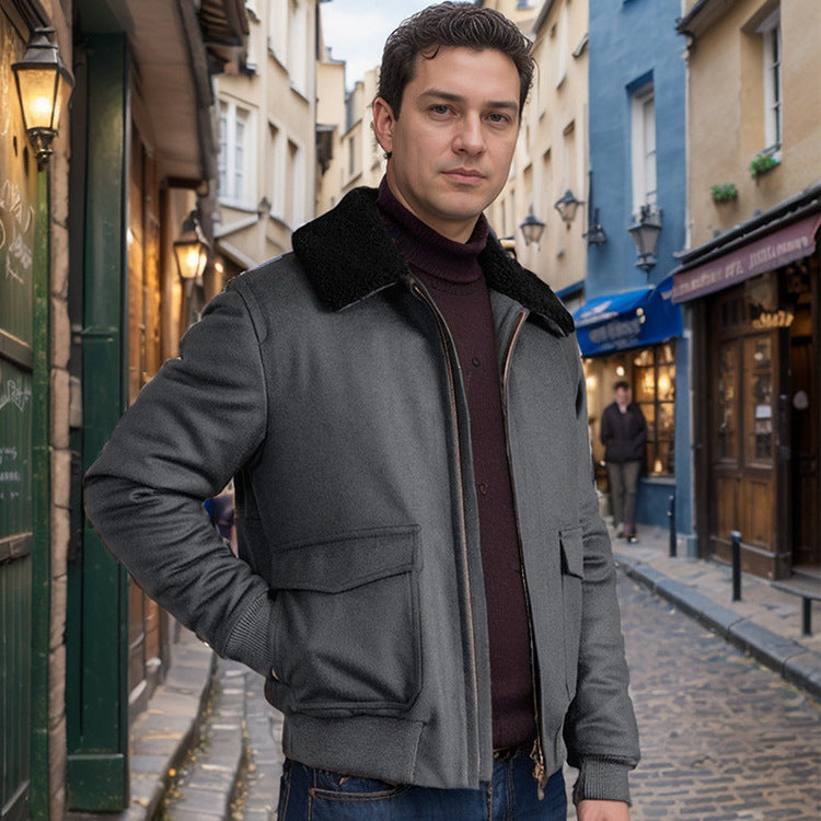 Simple Casual Fur Collar Warm Woolen Men's Fashion Zipper Jacket in polyester