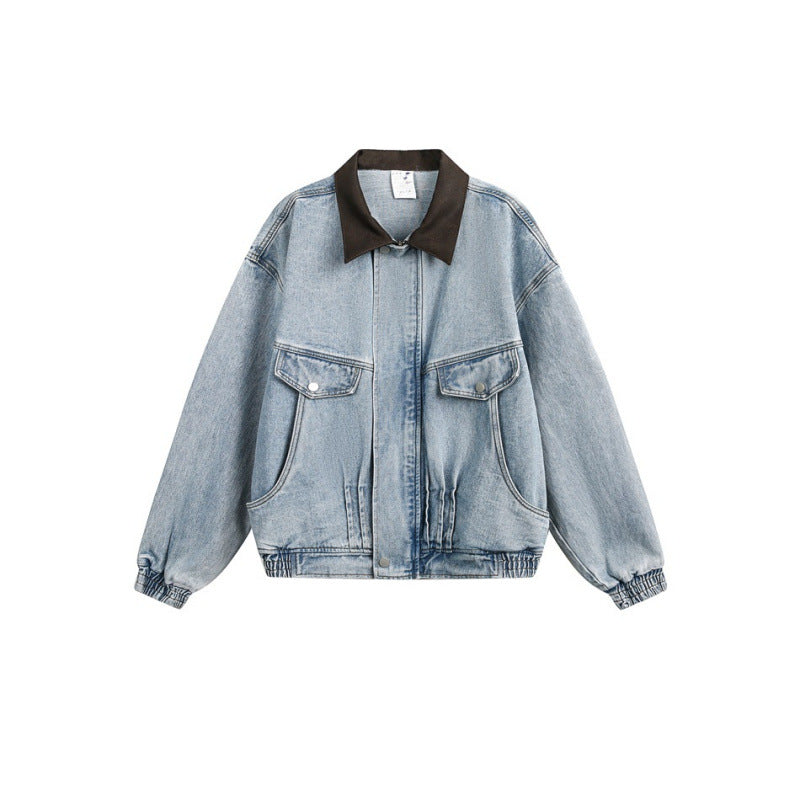 Loose Washed-out Lapel Workwear Denim Men's And Women's Motorcycle Jacket