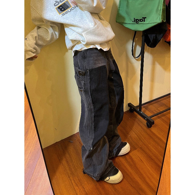 Retro Raw Edges Design Stitching Patchwork Straight Slimming Trousers for men