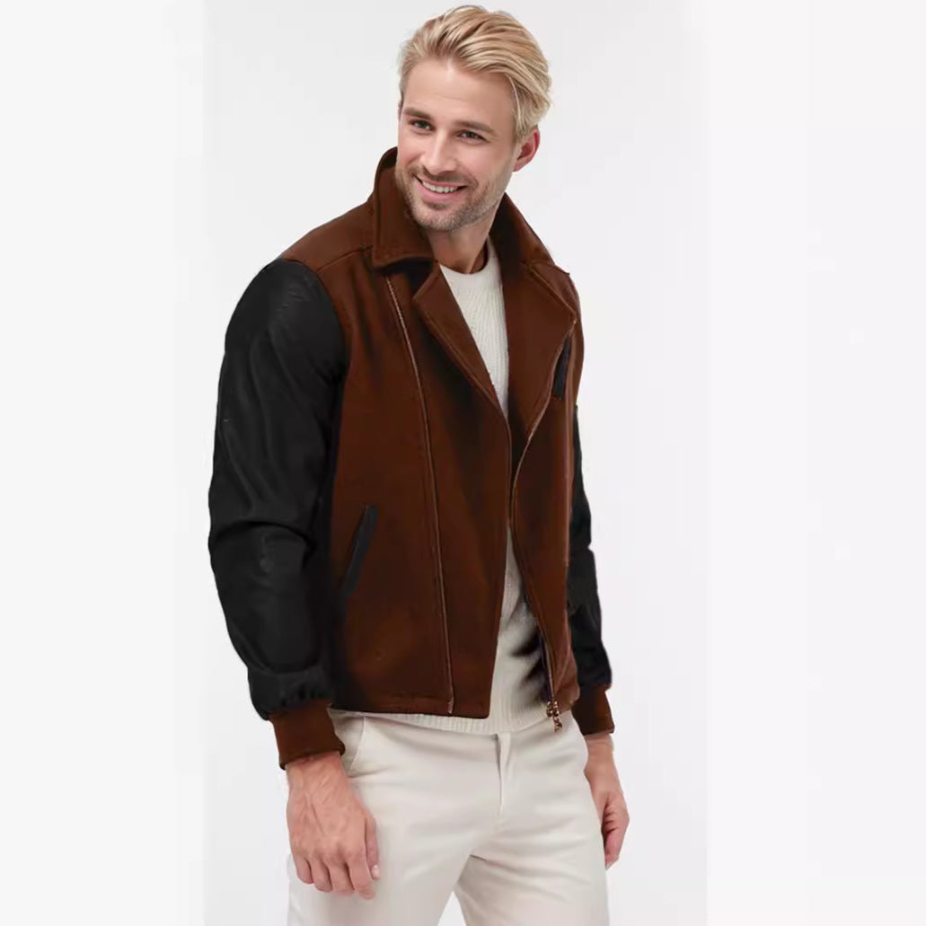Polyester Fiber Patchwork Wool Lapel Color Matching Men's Jacket