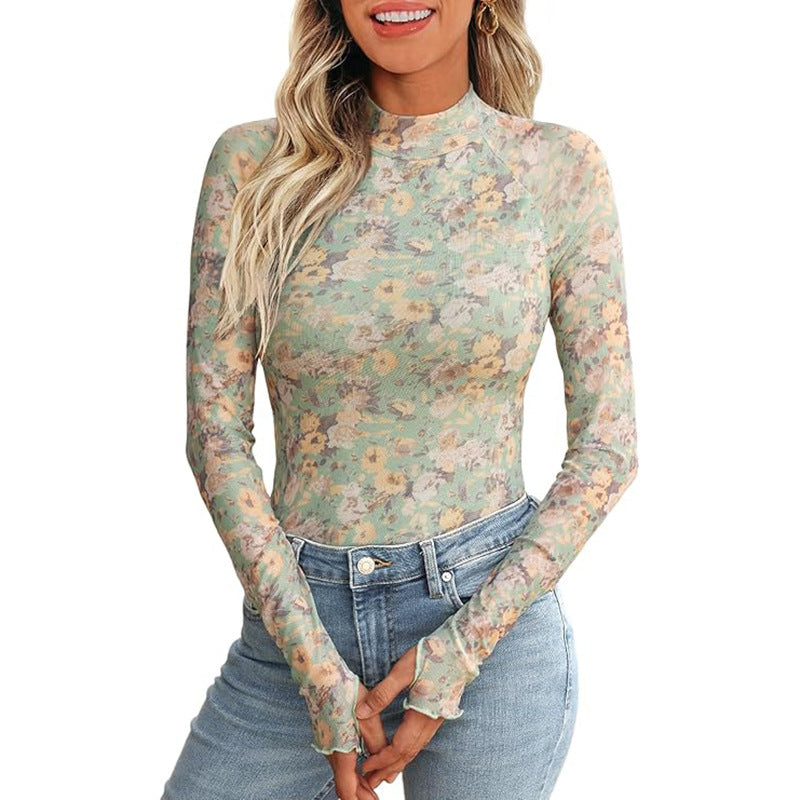 Floral Mesh Crew Neck Long Sleeve Mesh Top
