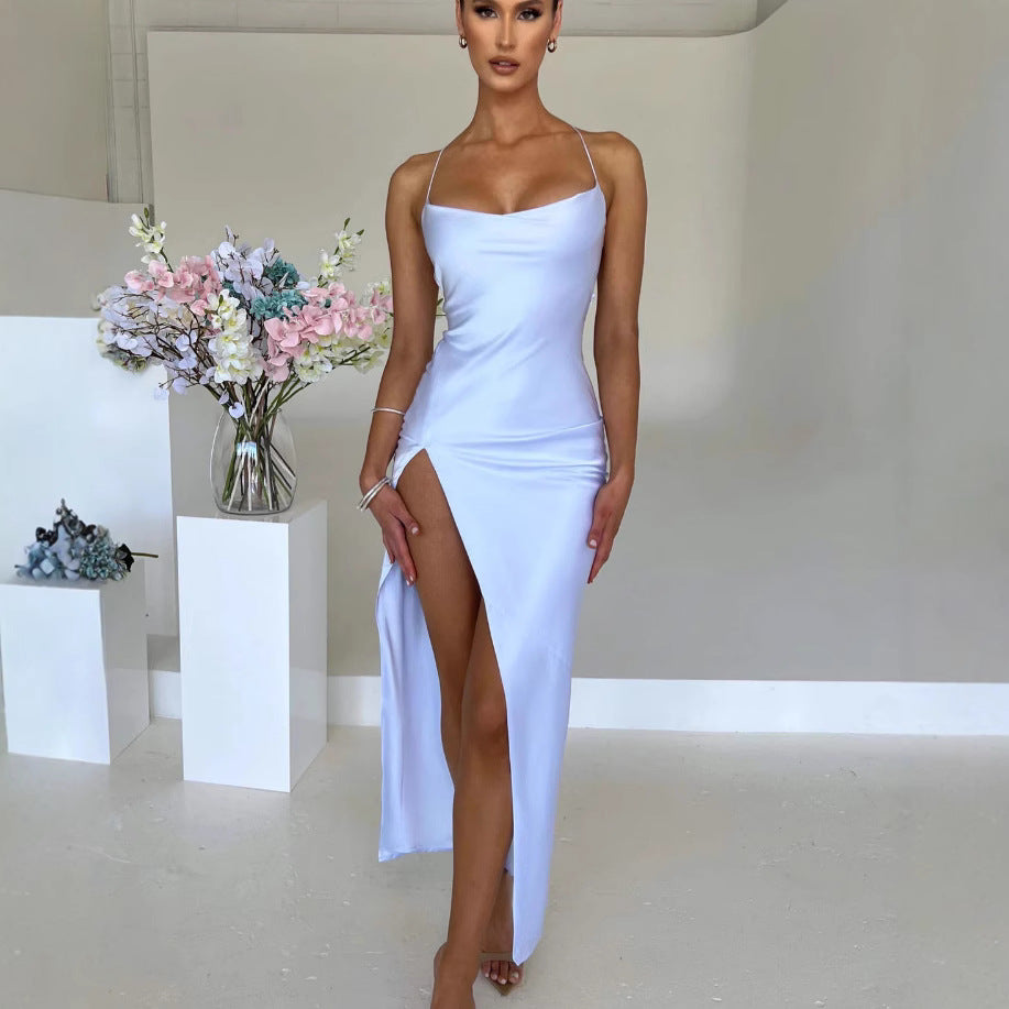 Premium Satin Sleeveless Sexy Backless Lace Up Dress