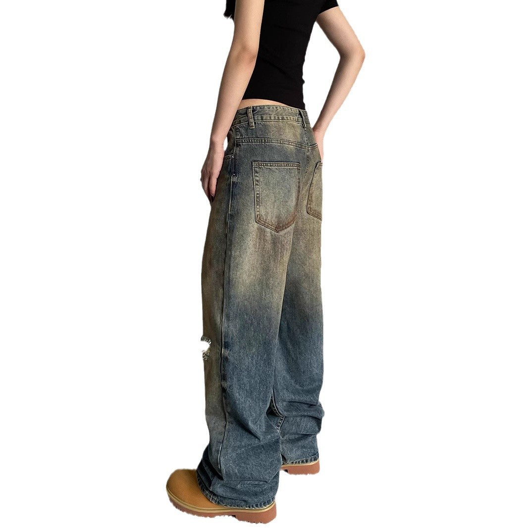 Niche Make Old Ripped Denim Fashion Brand Loose Straight Wide Leg Smart Trousers for men
