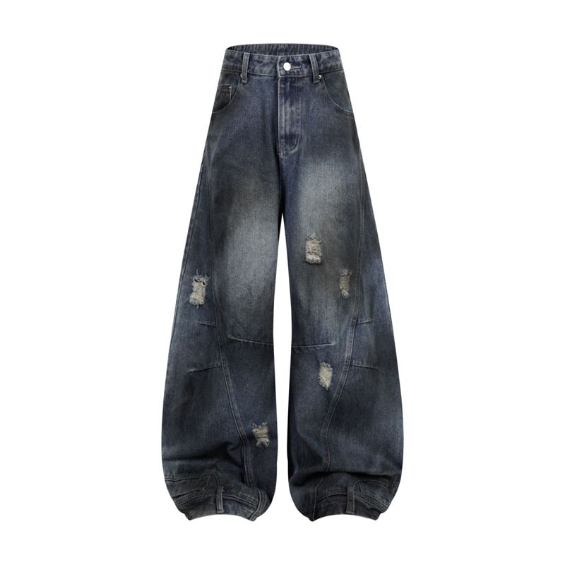 Retro Washed Ripped Deconstruction Stitching Design Straight Jeans for men