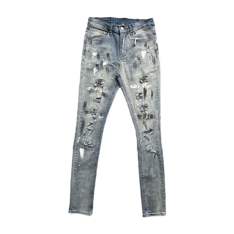 Handmade Splash-ink Blue Diamond Ripped Jeans for men