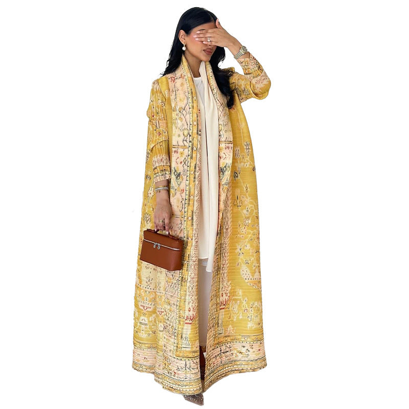 Pleated Print Cardigan Long Coat Arabic Robe Plus Size