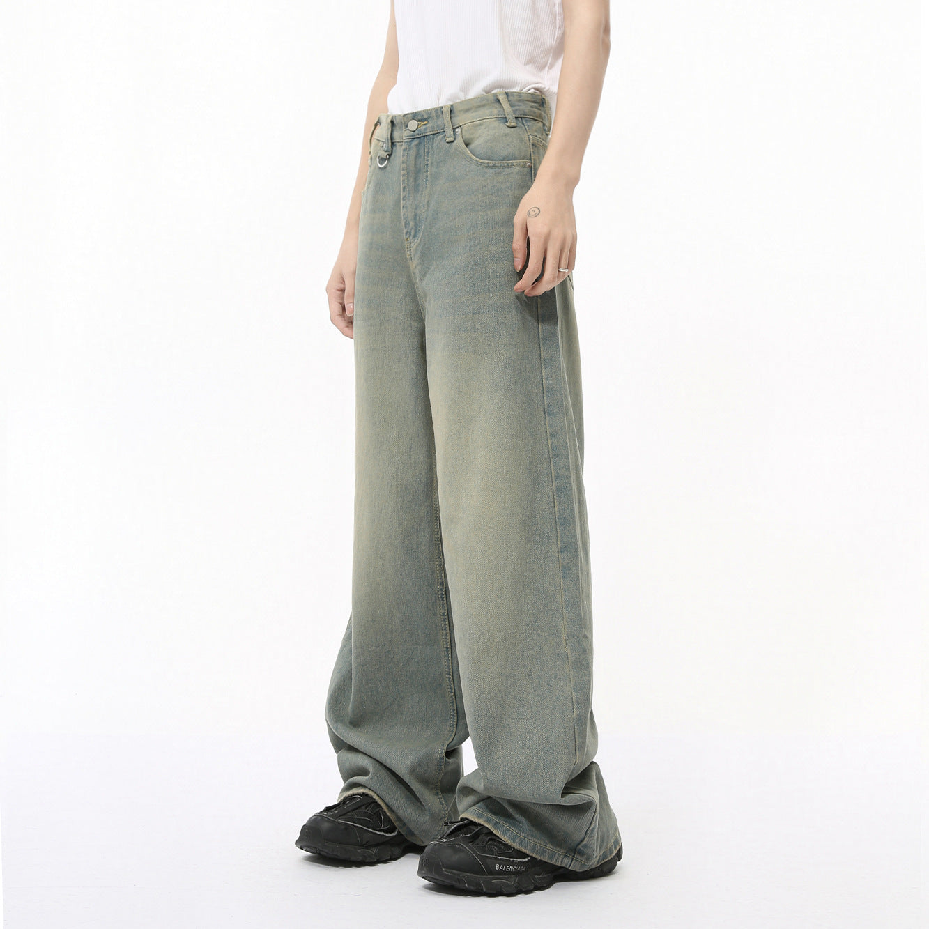 Men's Clothing Vintage Cement Green Draping Effect Straight-leg Trousers