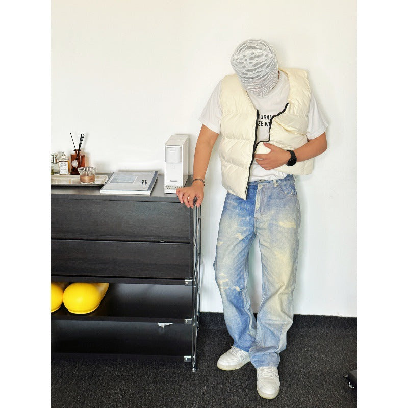 Digital Printed Jeans Gray Whitewashed Distressed Trousers for men