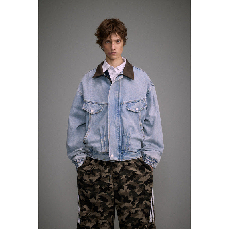 Loose Washed-out Lapel Workwear Denim Men's And Women's Motorcycle Jacket