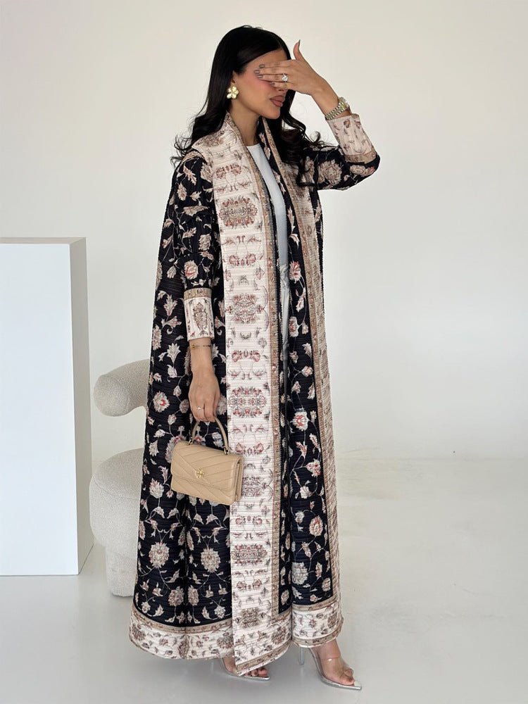 Pleated Print Cardigan Long Coat Arabic Robe Plus Size