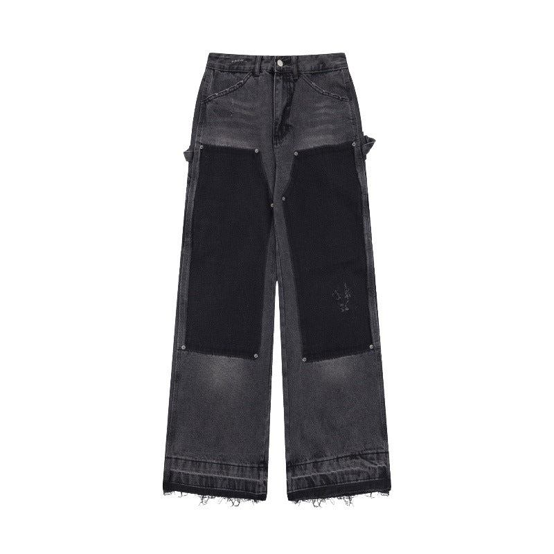 Retro Raw Edges Design Stitching Patchwork Straight Slimming Trousers for men