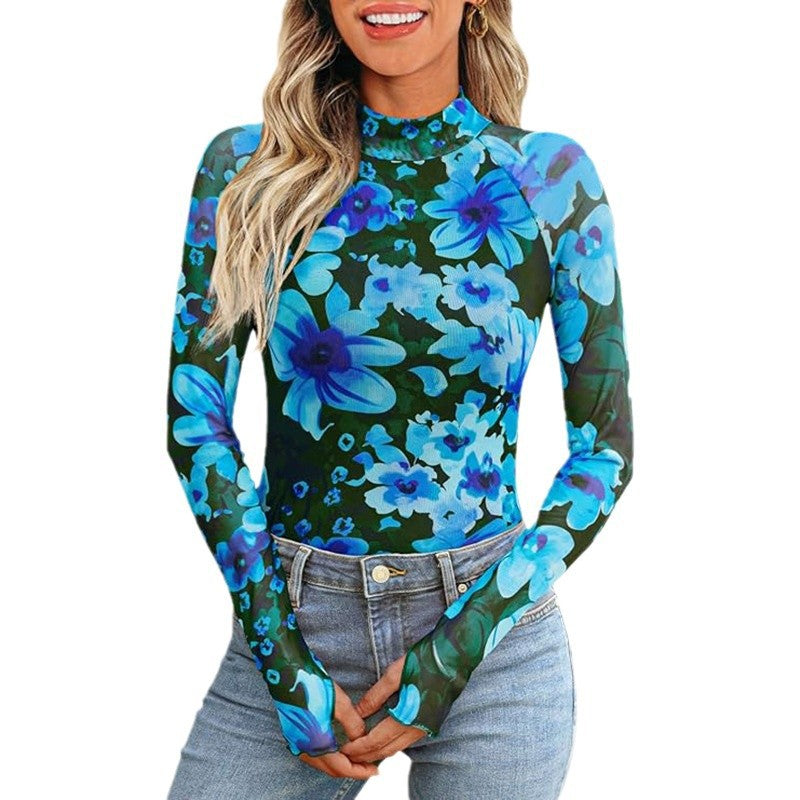Floral Mesh Crew Neck Long Sleeve Mesh Top