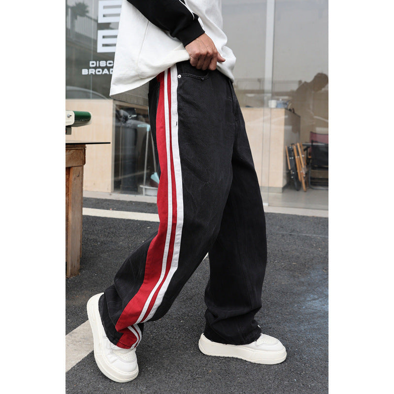 Pleated Texture Washed Wide Leg Straight Jeans For Men