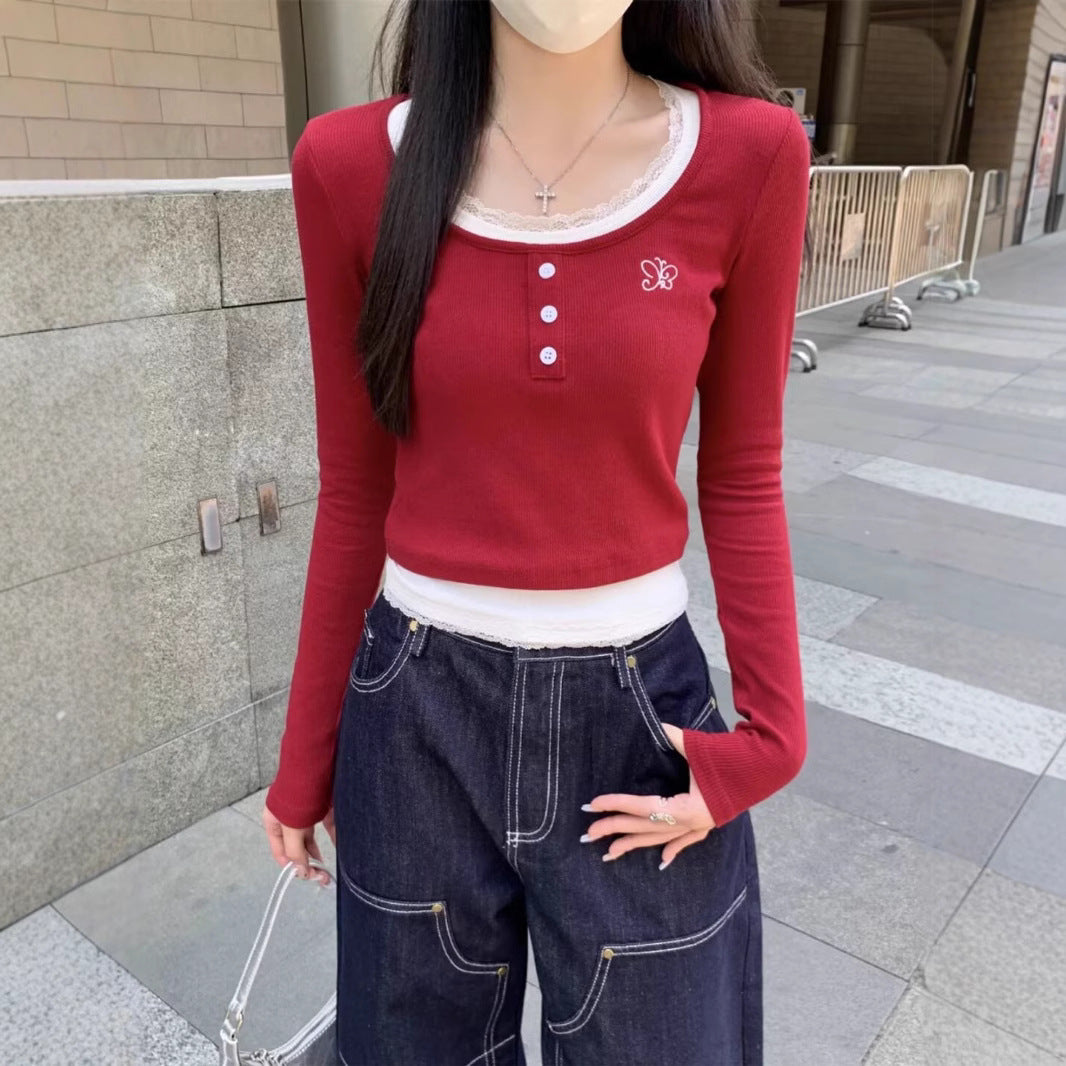 Contrast Color Round Neck Lace Edge Long Sleeve Short Top