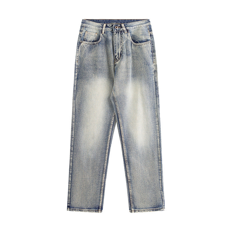Simple Japanese-style Retro Pants Western Denim Wind Washed Distressed Loose Men's Straight-leg Pants