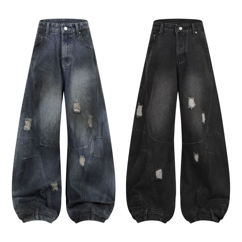 Retro Washed Ripped Deconstruction Stitching Design Straight Jeans for men