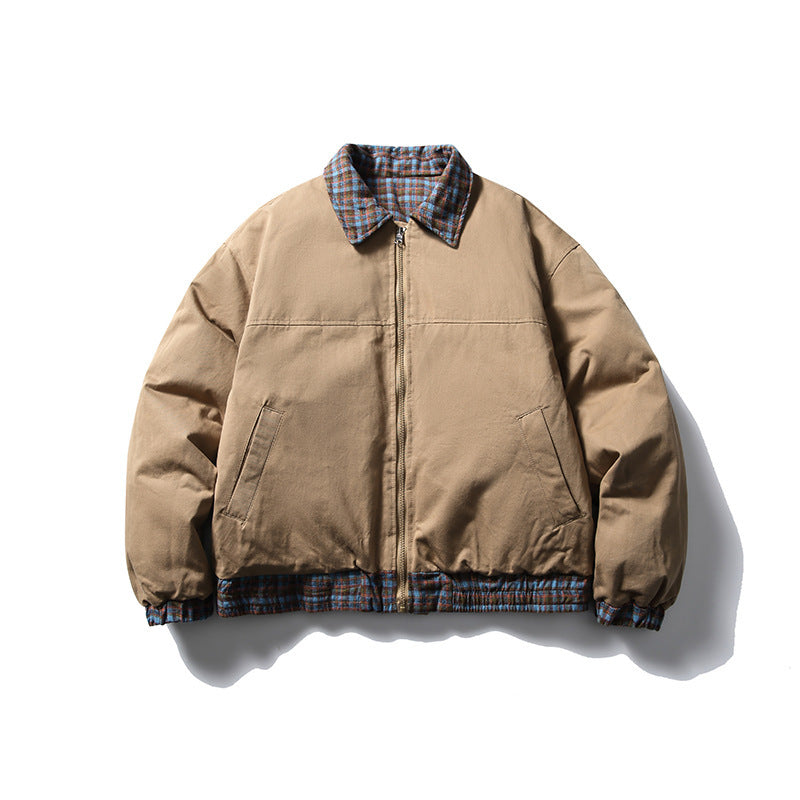 Plaid Reversible Cotton Coat Retro Casual Polo Collar Cotton-padded Jacket