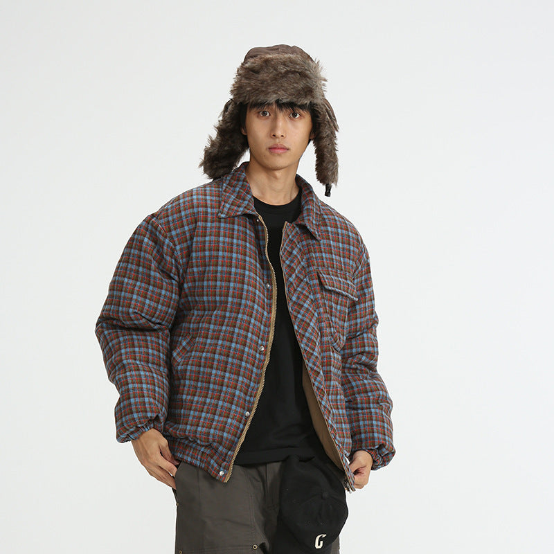 Plaid Reversible Cotton Coat Retro Casual Polo Collar Cotton-padded Jacket