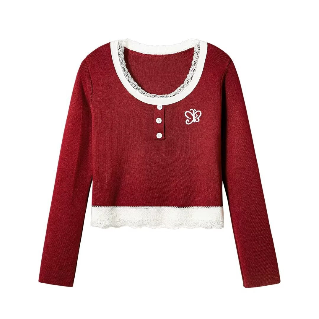 Contrast Color Round Neck Lace Edge Long Sleeve Short Top