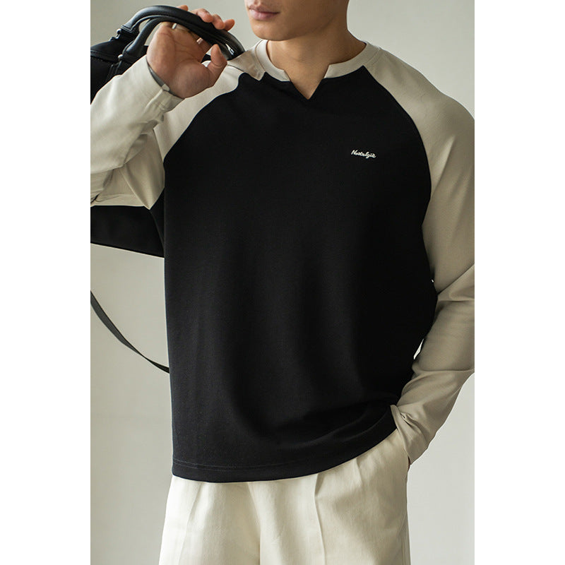 Small V-collar Contrast Color Drop-shoulder Sleeve Loose Sweater Male